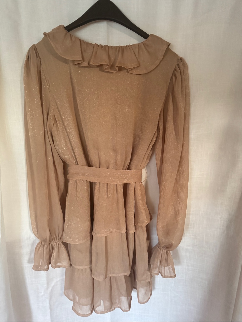 Ruffled V-Neck Long Sleeve Tiered Dress in soft gold - Picture 2 of 5